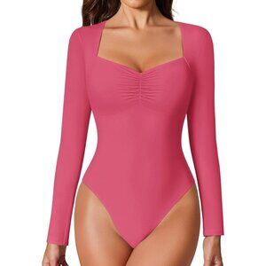 Women's Sexy Sweetheart Neckline Pink Bodysuit Long Sleeve Double Thong Tops
